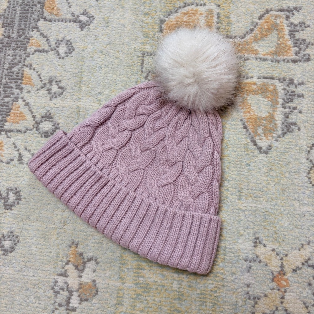 Hollister Womens Cable Knit Beanie Mauve Pink Faux Fur Pom Pom Winter Hat